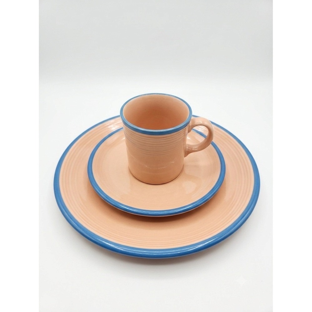 Vintage Rio Stoneware Japan 3pc Place Setting Pink Teal Blue 80s Postmodern Set